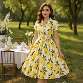 olcso Ruhák-retro vintage 1950-es évek vakációs ruha flare ruha női jelmez vintage cosplay alkalmi mindennapi rövid ujjú ruha maskara