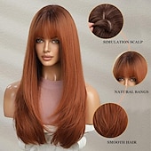 economico Parrucche trendy sintetiche-Parrucche lunghe e lisce in rame per donne, parrucche sintetiche naturali con effetto ombré e frangia per l&#039;uso quotidiano alle feste