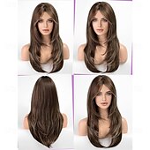 billige Syntetiske trendy parykker-naturlige lange parykker for kvinner med frynser syntetisk varmebestandig hår ombre brun parykk for daglig fest cosplay bruk