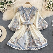 ieftine Rochii Boho-Pentru femei Rochie Mini Rochie casual Rochie de vară Rochie Boho Modă Modern În aer liber Concediu Dată Fit regulat Floare Manșon Lung În V Galben Roz Îmbujorat Albastru piscină Vară Primăvară