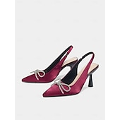 economico cocktail-Scarpe con tacco a spillo in raso verde da donna con cinturino posteriore e fiocco di cristallo: tacchi a gattino sofisticati per cocktail party e occasioni festive