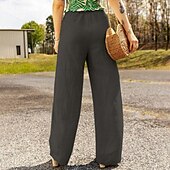baratos Calça de linho de algodão simples-Mulheres Calças de linho de algodão Calças Roupa de rua Casual Comprimento total Natural Tecido Design de cordão elástico Confortável Exterior Roupa Diária Final de semana Preto Azul Marinho Escuro