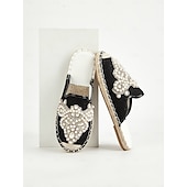 cheap Vacation Sandals-Women&#039;s Luxury Pearl Embellished Black Slide Sandals – Elegant Boho Summer Flats for Beach Weddings, Vacations, Festivals, and Resort Wear