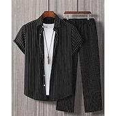 cheap Men&#039;s Tee Sets-Men&#039;s Shirt Set T-shirt Suits 2 Pieces Outfits Tee &amp; Shorts Short Sleeve Shirt Collar Summer Stripes Fashion Casual 2 Piece Vacation Daily Wear Going out Black Red Brown Top Tee for Men