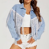 economico Tops Boho-Per donna Blusa Semplice Elegante Moderno Manica Lunga Colletto a Camicia Top Regolari Ferie Uscire Jeans Frange Nero Azzurro Estate