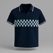  Homens Pólo Trabalho O negócio Coleira de gaivota Manga Curta Férias Vintage Xadrez Botões Estampado Verão Primavera Normal Azul Marinha Pólo