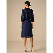 levne Sady šatů-dámské svatební host koktejlové šaty set šifon krajka patchwork elegantní jaro podzim midi šaty posádka výstřih 3/4 rukáv tmavě modrá