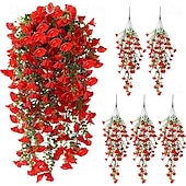 ieftine Plante și flori artificiale-5 buc flori artificiale agățate de glorie de dimineață pentru exterior, petunii artificiale rezistente la UV, mătase falsă, viță de vie lungă, eucalipt, glorie de dimineață, pentru exterior, jardinier de interior, verandă, combinație de decor pentru casă.