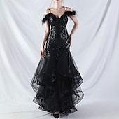 economico ROSSO-Abiti Quinceanera Mermaidi  Trumpet in Paillettes Elegante Abito Formale Semi Formale Matrimonio Lunghezza P_avimento Senza Maniche Scollo a V Tulle Volant con Piume