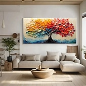 abordables peintures à l&#039;huile d&#039;arbre-Peintures à l&#039;huile peintes à la main, paysage de montagne, peinture à l&#039;huile sur toile, arbres texturés faits à la main en automne, prairie jaune, peinture acrylique, paysage fluvial, art mural