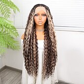 billige Syntetiske parykker med blonder-Syntetisk blonderparykk Dyp krøllete Stil 32 tommers Nyanse Midtdel 13x4x1 T Del Blonde foran Parykk Dame Parykk Lysebrun / rødbrun