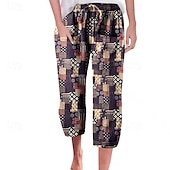 billiga Grafisk linnebyxa i bomull-Dam Shorts i bomullslinne Linneinspirerade byxor Byxor av linne i bomull Mode Streetwear Vadlängd Naturlig Blomma Ficka Tryck Elastisk dragsko-design Bekväm Utomhus Semester Utekväll Magenta Svart