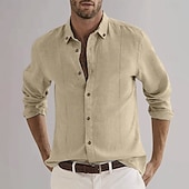 economico Casual da lavoro-Per uomo Camicia in cotone e lino Semplice Vacanza Casual Quotidiano Nero Bianco Azzurro cielo Cachi Manica Lunga Bavero Abbigliamento Bottonato
