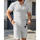 お買い得  休暇-男性用 クォータージップポロ ゴルフシャツ 日常 祝日 ラペル 半袖 ファッション ベーシック 平織り 2個 ジャカード 夏 レギュラー ブラック ホワイト スカイブルー カーキ色 ライトグレー クォータージップポロ