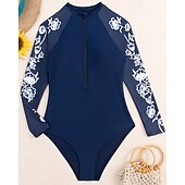 preiswerte Hautausschlagswächter-Damen Anti UV Shirt Badeanzug Bademode UV-Sonnenschutz UPF50+ Leicht Langarm Spandex Bademode Badeanzug Frontreißverschluss Schwimmen Surfen Strand Wassersport Bemalt Streifen Patchwork Sommer