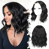 abordables Perruques Synthétiques Sans Bonnet-Perruque courte ondulée à reflets bruns pour femme style bob synthétique résistante à la chaleur - aspect naturel pour une coiffure de tous les jours 14 pouces