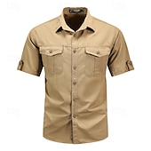 voordelige Werkhemden voor heren-Voor heren Overhemd Zomer overhemd Normaal shirt Overhemd met knopen Cargoshirt Diep Blauw khaki Leger Groen Beige Grijs Korte mouw Effen Overhemdkraag Vakantie Hawaii Zak Kleding 100% katoen Modieus