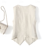 abordables Chemises-Gilet en coton et lin pour femme, uni, moderne, sans manches, col en V, régulier, pour tous les jours, pour sortir, boutons, noir, beige, été
