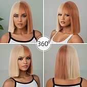 cheap Synthetic Trendy Wigs-Synthetic Wig kinky Straight Yaki Straight Deep Parting Neat Bang Machine Made Wig 12 inch A1 Synthetic Hair Women&#039;s Classic Comfortable Color Gradient Multi-color