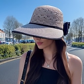 baratos Chapéus-chapéu de sol respirável feminino com laço, chapéu de palha com design oco, boné de verão dobrável com proteção UV