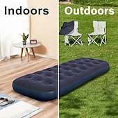 abordables Actividad al Aire Libre-Colchón de aire portátil azul plegable para acampar al aire libre, colchón de aire flocado, colchón para dormir