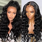 baratos Perucas de seda frontais de cabelo natural-Peruca de cabelo humano natural com cor natural, descolorida, com nós em renda 5x5, ondas profundas e soltas, densidade de 150%, 56-76 cm (22-30 polegadas), para mulheres negras.