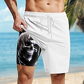 cheap Retro Vintage &amp; Ethic-Men&#039;s Skull Dark Gothic Lined Shorts 2 in 1 Board Shorts Swim Shorts Mid Waist Hawaiian Retro Vintage Holiday Beach Wear Side Pockets With Compression Liner Elastic Drawstring Waist Designer Clothing
