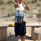 זול עיצוב שמלות כותנה ופשתן-בגדי ריקוד נשים שמלת מידי שמלת קז&#039;ואל שמלת פשתן מכותנה שמלת קיץ אופנתי קלסי בָּחוּץ חגים פגישה (דייט) רגיל קולור בלוק שרוולים קצרים צווארון עגול קצר פול קיץ אביב