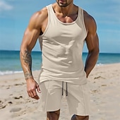 abordables Conjuntos de camisetas de hombre-Hombre Tanque Chaleco Trajes de camiseta Trajes de 2 piezas Sin Mangas Cuello Barco Verano Plano Moda Casual 2 Piezas Vacaciones Ropa Cotidiana Noche Blanco Vino Verde Oscuro Camiseta superior para