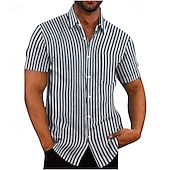 preiswerte Herrenhemd zum Knöpfen-Herren Hemd Sommerhemd Freizeithemd Strandhemd Knopfhemd Hellgrün Blau Leicht Blau Kurzarm Vertikale Streifen Revers Urlaub Hawaiianisch Bekleidung Polyester Mode Lässig Bequem Tasche