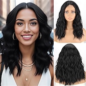 voordelige Synthetische trendy pruiken-18 inch korte golvende zwarte pruik voor vrouwen, middellange zwarte bob, synthetische hittebestendige, natuurlijke en realistische zwarte haarpruik voor dagelijks kapsel, cosplay, feestgebruik