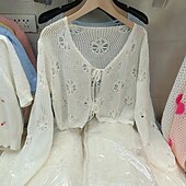 preiswerte Spitzenoberteile-Damen Hemd Bluse Einfach Lässig Langarm V Ausschnitt Crop Tops Täglich Ferien Ausschnitt Rosa Purpur Beige Leicht Blau Sommer