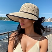 baratos Chapéus-chapéu de sol respirável feminino com laço, chapéu de palha com design oco, boné de verão dobrável com proteção UV