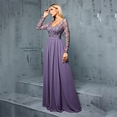 voordelige Avondjurken-A-Lijn Quinceanera Jurken Elegante Jurk Bruiloft Bruiloft Gast Vloerlengte Lange Mouw V-hals Chiffon met Plissé