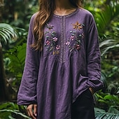 preiswerte Hemden-Damen Baumwoll-Leinen-Hemden Boho-Hemd Geometrisch Einfach Täglich Stilvoll Basic Langarm Rundhalsausschnitt Normale Oberteile Arbeit Täglich Ferien Druck Marineblau Purpur Khaki Beige Frühling Herbst