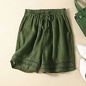 abordables Short en lin et coton-Femmes Short en coton et lin Shorts Slacks Occasionnel Court Naturel Uni Avec Poches Conception à cordon élastique Confortable Extérieur Sortir Noir Gingembre Vert Amande Été Coupe régulière