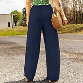 baratos Calça de linho de algodão simples-Mulheres Calças de linho de algodão Calças Roupa de rua Casual Comprimento total Natural Tecido Design de cordão elástico Confortável Exterior Roupa Diária Final de semana Preto Azul Marinho Escuro