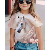 preiswerte Mädchen 3D Tiere-Mädchen 3D Pferd T-Shirt Kurzarm Sommer Frühling Mode Basic Kinder 4-12 Jahre Rundhalsausschnitt Outdoor Lässig Täglich Normale Passform