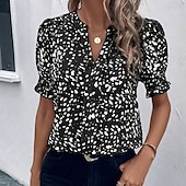 billige Kvinnenes Kunst &amp; Design Topper-Kvinners Bluse Grafisk Prikkete Elegant Casual Korte Ermer V-Hals Vanlige Topper Daglig Ferie Svart Gul Rosa Blå Beige Sommer