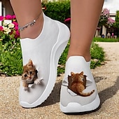 abordables Baskets femme-Baskets Flyknit à enfiler avec motif imprimé chat, tige respirante et semelle confortable pour un port décontracté et amusant