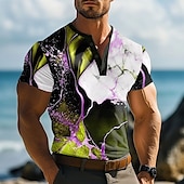 cheap Geometrical-Men&#039;s Marble pattern T Shirt Henley Shirt Short Sleeve Designer Retro Vintage Trendy Street Casual Daily Summer Spring Blue Yellow Green Brown Henley Henley T-Shirt