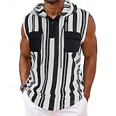 billiga Gym-toppar-Herr Linne Undertröjor Ärmlös tröja Ärmlös Huva Sommar Randig Mode Designer Grundläggande Ficka Semester Gata Utekväll Svart Blå Mörkblå Topp t-shirt för män