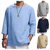 baratos Clássico-Homens Camisa Social Camisa de linho Camisa Popover camisa de verão Roupa de Praia Côr Sólida Férias Casual Preto Azul Marinha Azul Céu cáqui 3/4 de Manga Decote V Verão Primavera Roupa