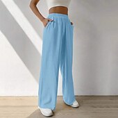cheap Plain Cotton Linen Pant-Women&#039;s Cotton Linen Pants Slacks Streetwear Casual Full Length Natural Plain Pocket Elastic Waist Comfy Comfortable Casual Daily Weekend Apricot Light Sky Blue Black Army Green Summer Regular Fit