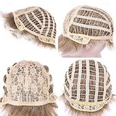 economico parrucca più vecchia-Parrucca corta bionda con taglio pixie per donna, con strato soffice e meches, con radice elasticizzata, parrucca pixie sintetica con frangia per donna, parrucca sostitutiva da indossare ogni giorno