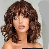 economico Parrucche trendy sintetiche-Parrucca Lativ nera mista castana con frangia, parrucche corte e ondulate per donne, lunghezza spalle, ricce, caschetto lungo 14 pollici, per cosplay di Halloween, uso quotidiano per feste