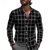 preiswerte Herrenhemd zum Knöpfen-Herren Hemd Sommerhemd Freizeithemd Strandhemd Knopfhemd Schwarz Grau Langarm Karomuster Revers Urlaub Hawaiianisch Button-Down Bekleidung Polyester Mode Lässig Bequem