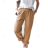 economico Pantaloni in lino e cotone semplici-Per donna Pantaloni in cotone e lino Pantaloni Eleganti Casual Lunghezza intera Naturale Semplice Tasca Elastico in vita All&#039;aperto Confortevole Streetwear Uscire Magenta azzurro cielo Grigio Nero