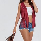 cheap Boho Tops-Women&#039;s Blouse Plain Active Modern Sleeveless V Neck Regular Tops Daily Holiday Fringe Black White Yellow Army Green Red Summer
