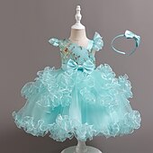 preiswerte Partykleider-Kinder Mädchen Partykleid Einfarbig Ärmellos Leistung Besonderer Anlass Prinzessin Süß Polyester Partykleid Sommer Frühling Kinder Hellgrün Blau